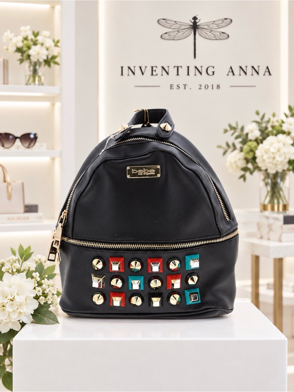 Bebe Black Studded Backpack Gold Hardware Multicolor Geometric Accent Bag